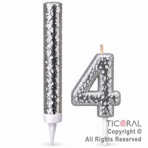 SET BENGALA Y VELA NUMERAL NUMERO 4 CON GIBRE PLATA